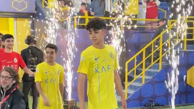 Cristiano Jr pictured leading out Al Nassr's U13 team at Al-Awwal Park in February 2024